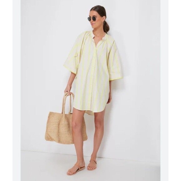 Pomander Place | Yellow and Creme Stripe Pia Oversized Swim Coverup Size Medium - Picture 1 of 16
